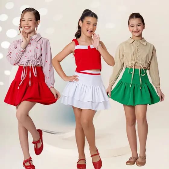 Conjunto Infantil Menina Combinadinho Saia Vermelha Balone Blusa Cropped Festa Blogueirinha Diva