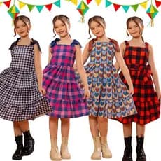 Vestido São João Arraial Festa Junina Xadrez Infantil Blogueirinha Quadrilha Vermelho Preto