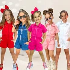 Jardineira Macacao Macaquinho Jeans Infantil Feminina Menina Pink Blogueirinha Juvenil Patrulha