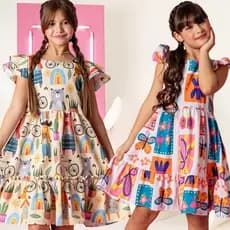 Kit 2 Vestido Infantil Menina Blogueirinha Soltinho Juvenil Festa Evangélico Estampado Babado Rodado