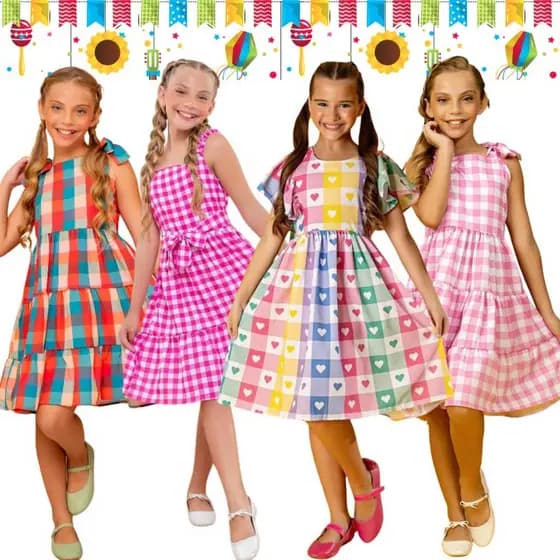 Vestido Festa Junina Feminino Infantil Menina Junino Sao Joao Arraial Quadrilha Dança Rodado Xadrez