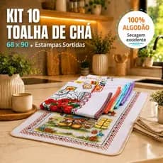 Kit 10 Toalha De Chá Com Viés Estampa Sortida Cores Vivas Tamanho 90x68cm Pano de Prato Extra Grande