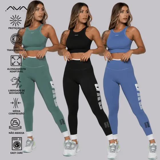 Conjunto Feminino Academia Suplex Poliamida Alta Performance Zero Transparência Com Silk AVA Fitness
