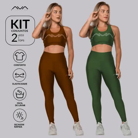 Kit 2 Conjuntos Feminino Academia Zero Transparência Top e Legging AVA Fitness Originals