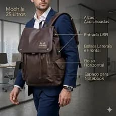 Mochila Couro Bolsa Viagem Notebook Entrada USB Saída Fone de Ouvido Executiva Grande Masculino Feminina Executiva