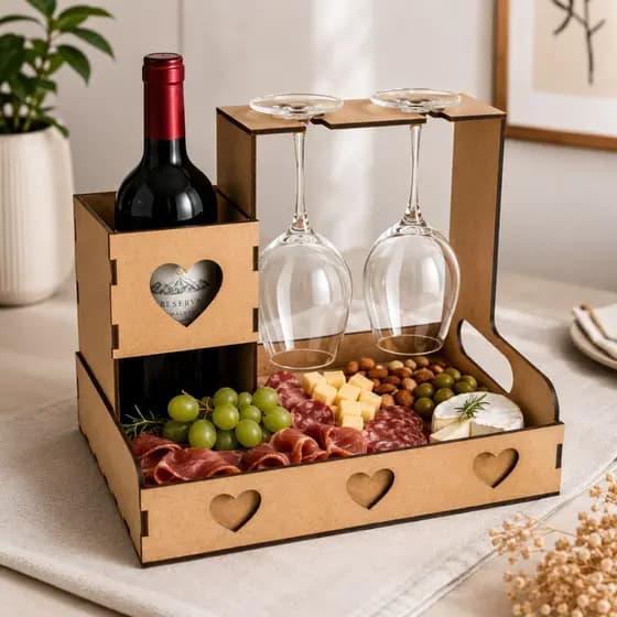 Cesta Dia dos Namorados Taças e vinho em MDF