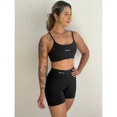 Shorts Meia Coxa Cintura Alta + Top Forrado Suplex UV 50+ Feminino Fitness Academia Kit