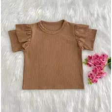 Blusinha Manga Curta Infantil Feminina Ribana Canelada com Babado