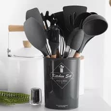 Jogo de Cozinha Kit C/12 Peças de Silicone, Utensílios e Copo Suporte para Cozinha Cabo de Madeira