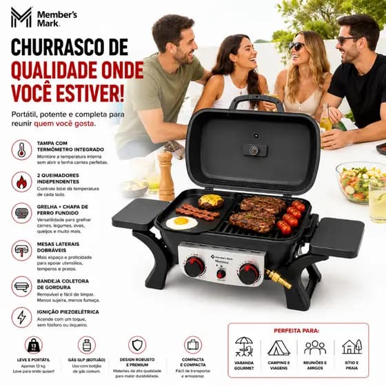 CHURRASQUEIRA À GÁS MUNDAÚ 2 QUEIMADORES PORTATÍL GRILL TAMPA TERMÔMETRO BANDEJAS CHAPA PARRILHA