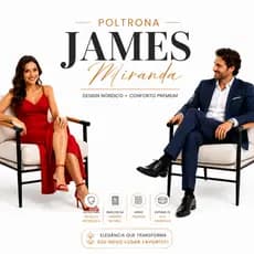 Poltrona James Nórdica Cadeirão em Ferro e apoios de braço em madeira, Almofadas em Tecido Linho Cru