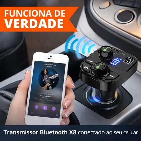 Adaptador Bluetooth Carro Transmissor FM Carregador Veicular Compatível com Android e iPhone - x8