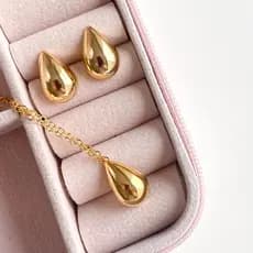 Conjunto Brinco e Colar Gota Folheado Ouro 18K - Gota Pequena e Alongada