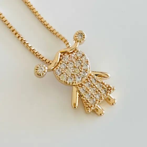 Colar Pingente Filhos Menino e Menina Cravejado com Zircônia Cristal Folheado a Ouro Dia das Mães