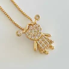 Colar Pingente Filhos Menino e Menina Cravejado com Zircônia Cristal Folheado a Ouro Dia das Mães