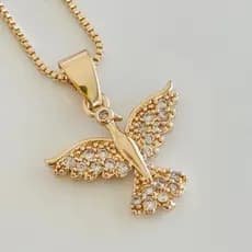 Colar Corrente Cordão Espírito Santo Pomba Cravejado em Zircônias Cristal Folheado a Ouro 18K
