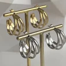 Brinco Argola Tripla Tubo Liso Moda Blogueira Thassia Naves Acessórios Femininos Dourado ou Prateado