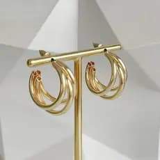 Brinco Argola Tripla Tubo Liso Moda Blogueira Thassia Naves Acessórios Femininos Folheado a Ouro 18K