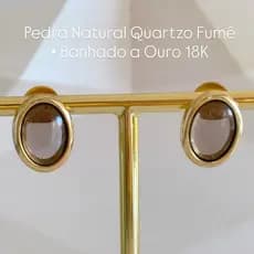 Brinco Pedra Natural Quartzo Fumê Oval Banhado a Ouro 18K – Acabamento Premium e Embalagem para Presente