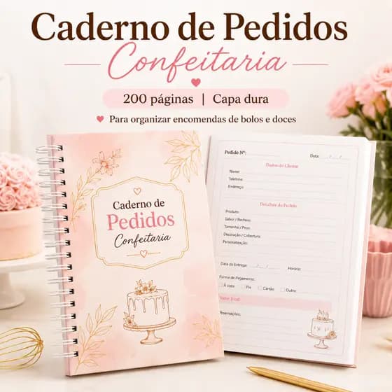 Caderno de Pedidos Confeitaria 200 Páginas Capa Dura Para Boleira Encomendas de Bolos