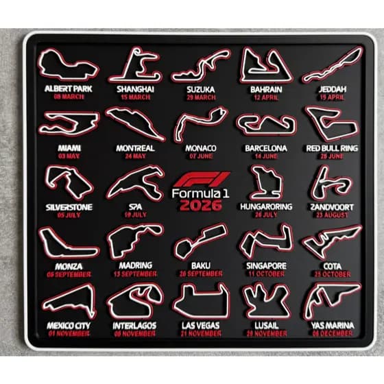 Placa Decorativa Calendário F1 2026 (Todos os Circuitos)