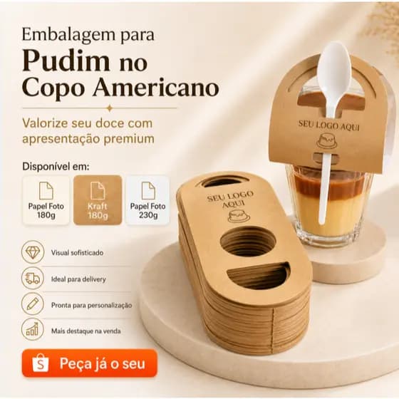 Embalagem Personalizada Para Pudim no Copo Americano | Papel Foto 180g, Kraft 180g ou Foto 230g