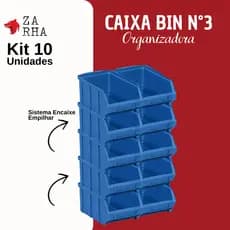 Caixa Bin Organizador Plástico Azul Preto N°03 Com 10 Peças Resistente Empilhavel