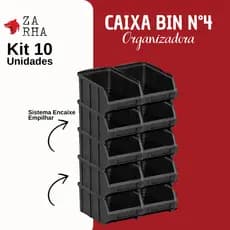 Caixa Bin Organizadora Nº04 Preta com 10 Peças Plástico Resistente Empilhável para Estoque