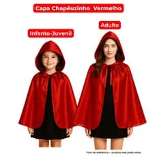Capa Chapeuzinho Vermelho Curta com Capuz Adulto e Infantil Cetim