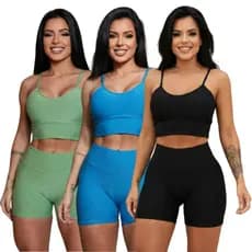 Kit 3 Conjunto Fitness Tecido Bolha Academia Top C/bojo Removível E Short