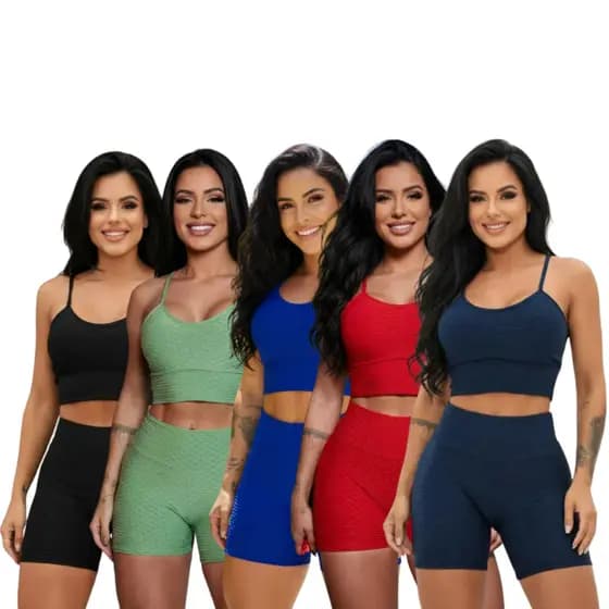 Kit 5 Conjunto Fitness Bolha Academia Top C/bojo E Short Com o Cós Alto