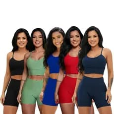 Kit 5 Conjunto Fitness Bolha Academia Top C/bojo E Short Com o Cós Alto