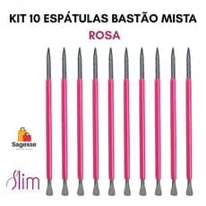 Kit 10 Espátulas Slim -  Bastão Mista ROSA Unha Inox Com Silicone Cutelaria Manicure