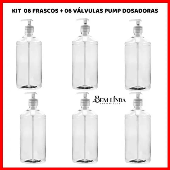 KIT COM 6 FRASCOS VIRGEM 1000ML + 6 VÁLVULAS PUMP DOSADORAS-KIT PARA FRACIONAR SHAMPOO CONDICIONADOR SABONETE LÍQUIDO