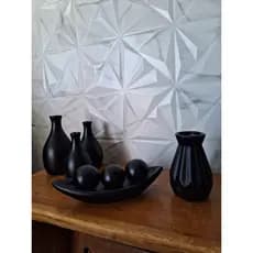 Kit 5 Peças Trio Vaso Barca Jogo Decorativo Completo em Cerâmica Preto Fosco