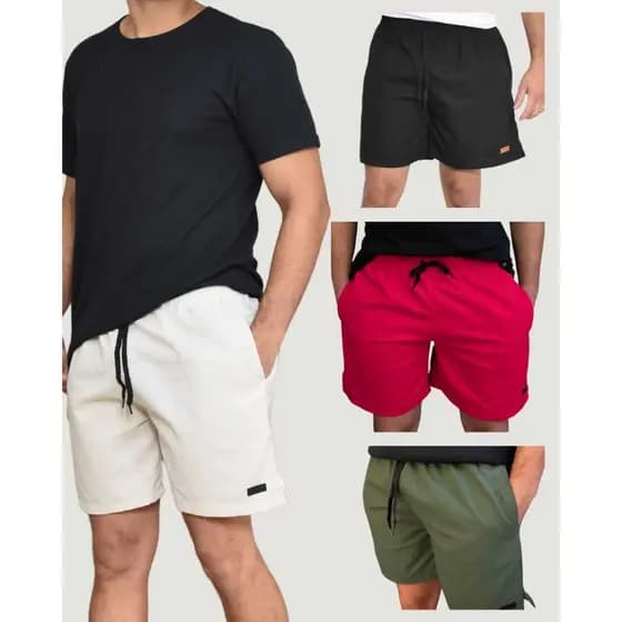 Kit 4 Shorts Linho Confort Com Bolso Faca Discreto e Elástico Na Cintura Bege/Preto/Colorido