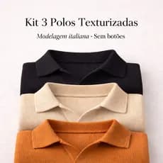 Kit 3 Polo Italiana texturizada sem botão, manga slim Camisa Polo Luxo Masculino Old Money