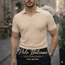 Polo Italiana texturizada sem botão, manga slim Camisa Polo Masculino Luxo Old Money