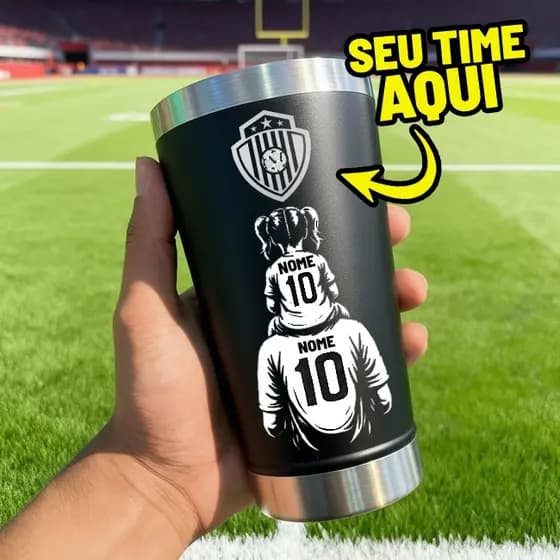 Copo Térmico  Personalizado (PRETO) Pai e Filho Torcedores time 473ML Tampa e Abridor Personalizado | Dia Dos Pais