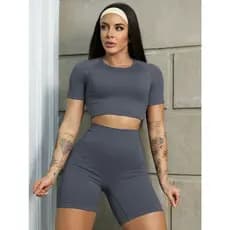 Conjunto Blusa Manga Manguinha Canelado com Short Modelador Academia Fitness Cintura Alta