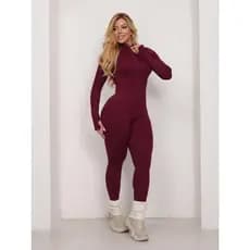 Macacão Fitness Casual Feminino Poliamida Premium Canelado Manga Longa Com Zíper Modelador Sem Transparência Academia