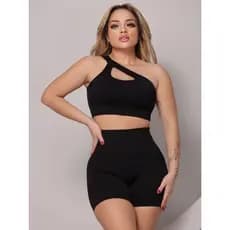 Conjunto Fitness Feminino Canelado Top Um Ombro com Bojo Removível + Short Modelador Cintura Alta Academia Esportivo
