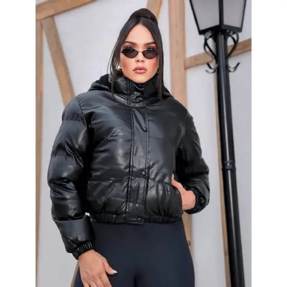 Jaqueta Bobojaco Puffer Com Touca Couro Courino Moda Gringa Inverno Outono Elegante Feminino