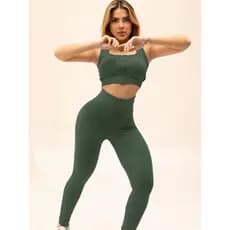 Conjunto Feminino Canelado Calça Legging + Top Reforçado Com Bojo Zíper Disfarça Celulites Cintura Alta Realça Costura