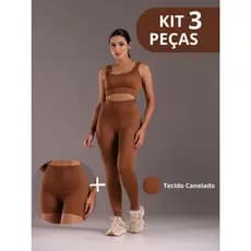Kit 3 Peças Canelado Legging + Short + Top Cintura Alta Sem Transparência Fitness Feminino Academia