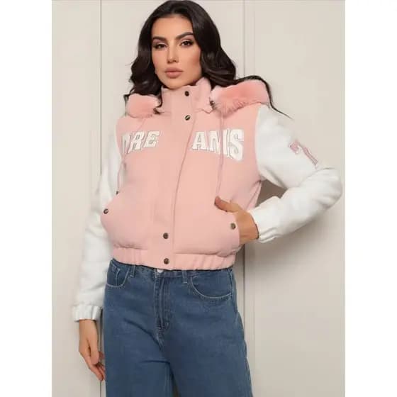 Jaqueta Feminina College Peluciada com Touca Removível Bolsos Lã Batida Casaco Colegial Forrado de Inverno