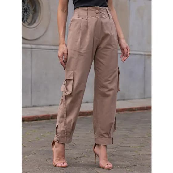 CALCA MODA FEMININAS CARGO DE LINHO COM DETALHES CINTURA ALTA E LATEX