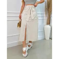 Saia Feminina Midi Linho Moda Evangélica Com Cinto no Material do Tecido Cintura Alt