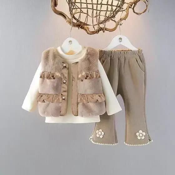 Meninas terno colete peludo terno de três peças novo estilo bebê roupas da moda terno outono inverno crianças moda prima