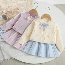 Meninas camisola terno primavera outono novo estilo frisado pequena flor de malha Cardigan cor sólida estilo japonês mod